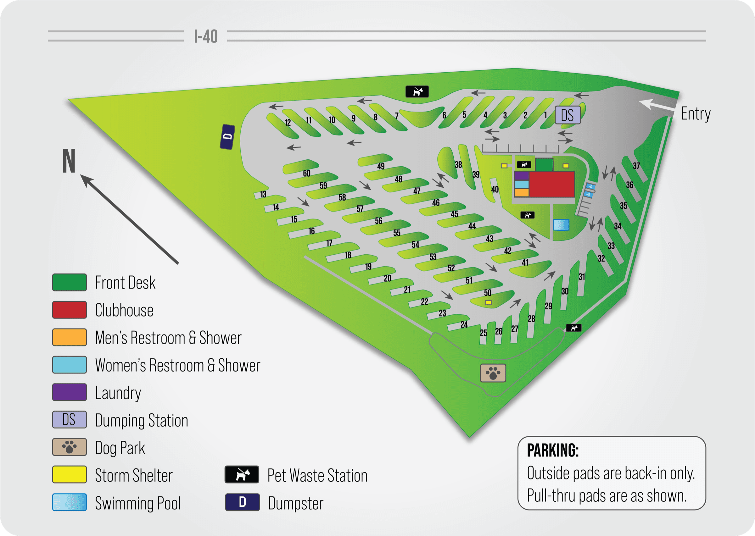 The Campground Collective Site Map - 60 RV sites with amenities including clubhouse, pool, dog parks, and more